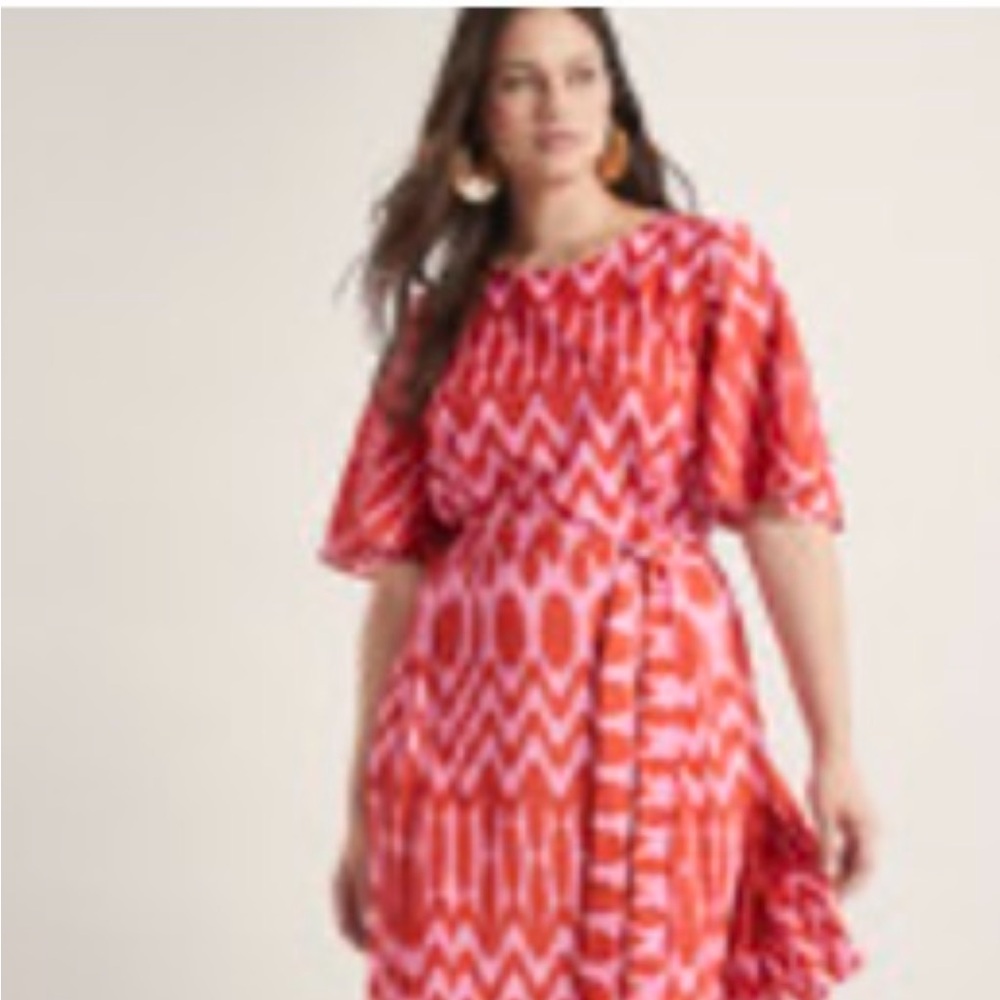 Eloquii Vibrant Asymmetrical Dress in Red and White